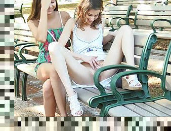 Cute chicks on a park bench finger blasting each other