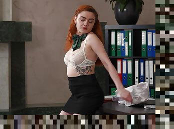 Redhead Nansy Small with natural tits wearing stockings having fun