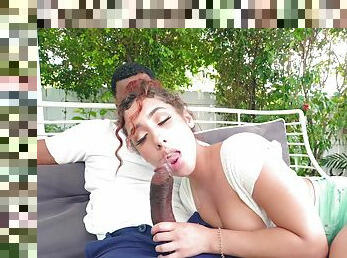 Redhead Kira Perez enjoys while sucking her man's black cock