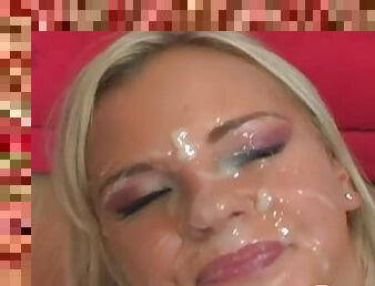 Bree Olson sucks two cocks and gets a bukkake on her cute face