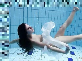 Leggy shaved girl swims in the pool