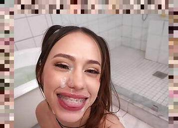 Sweet chick Laya Rae gets a facial after fucking in the bathroom