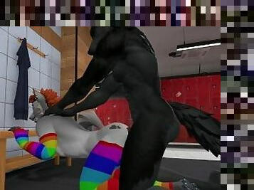 Heat anthro furry werewolf and slender girl in rainbow stockings