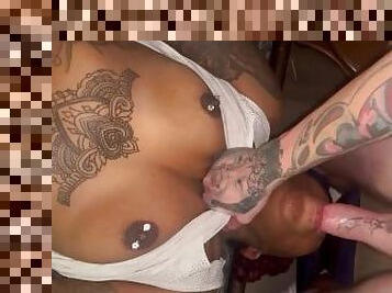 Ebony stepsister deep throating tatted white cock