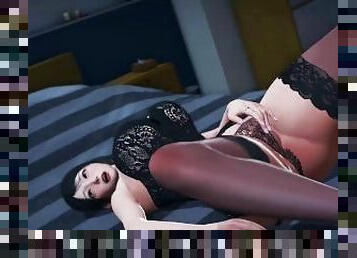 3D erotic game scene, in black stockings masturbates on bed
