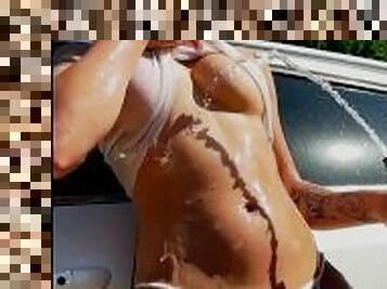 Amateur blondie girl with juicy wet pussy ready to wash car.Hot music make you horny and help to cum