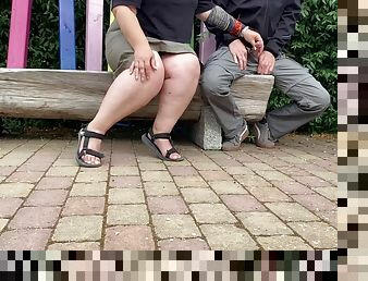 Mother-in-law masturbates her stepsons cock in a public park