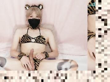 Tiger Bikini Crossdresser Fill Her Belly Button with Her Own Cum