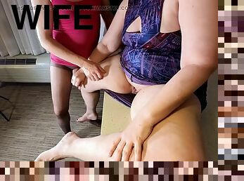 My friends hot wife shows her pussy while giving a teasing handjob